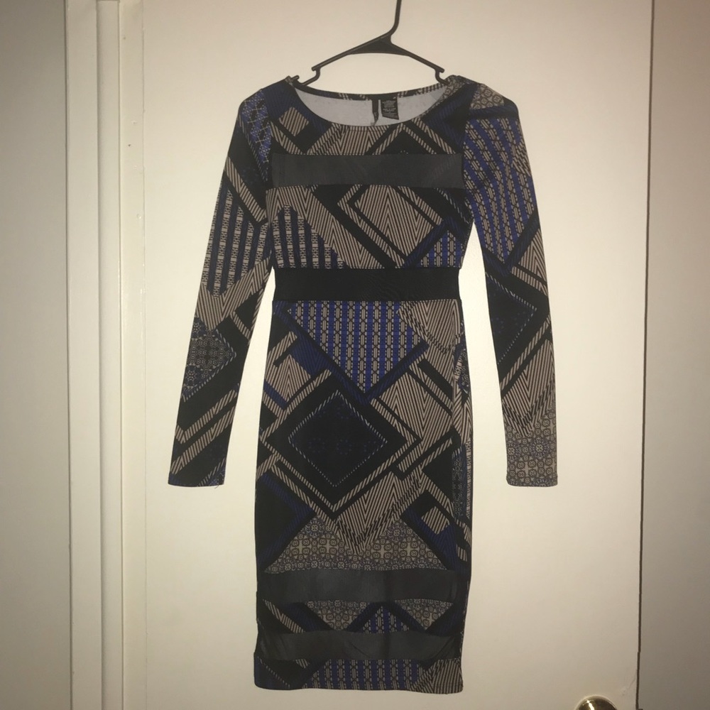 Blue, gold & sheer bodycon dress